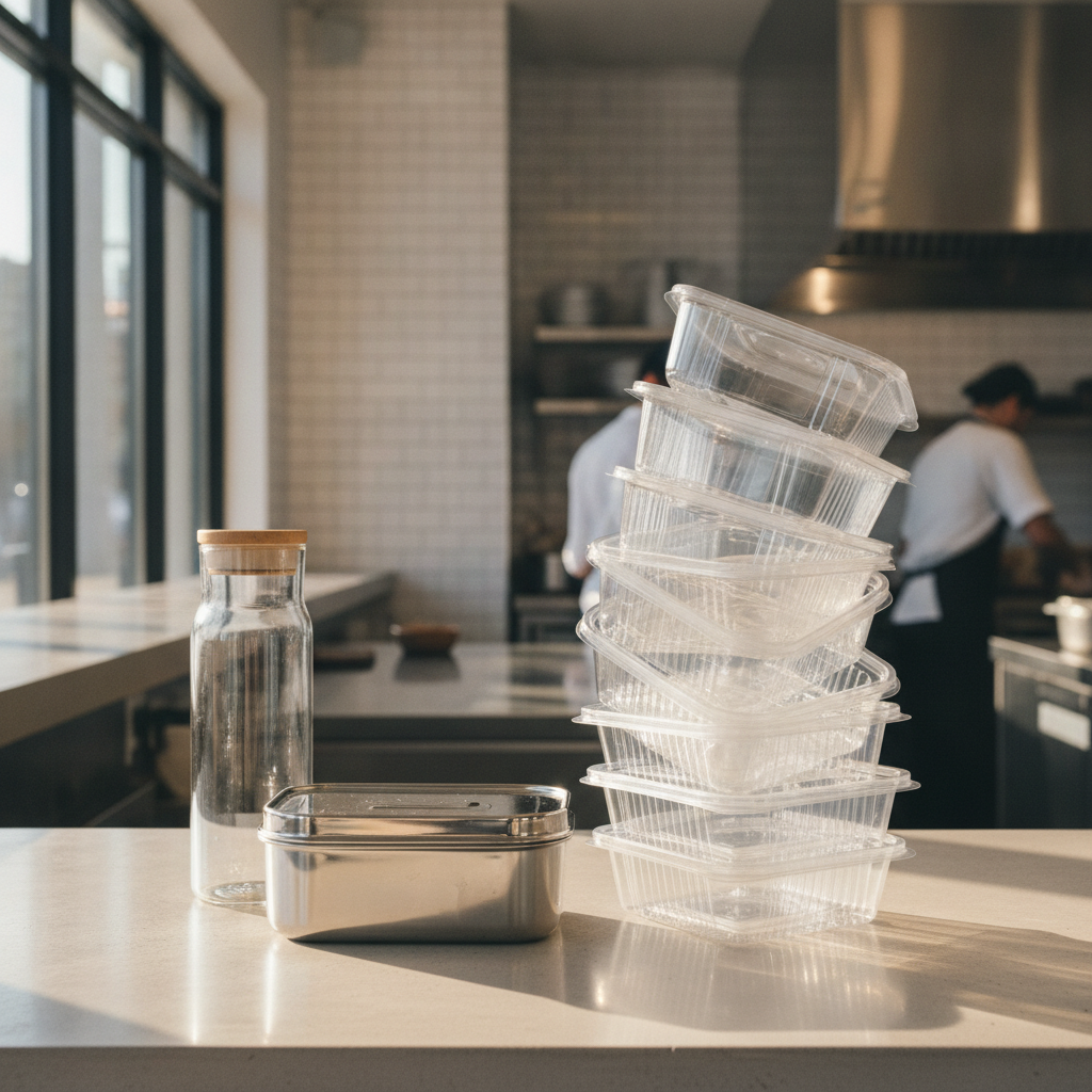 Mehrwegbehälter auf einem Restauranttresen – Mehrwegangebotspflicht Gastronomie