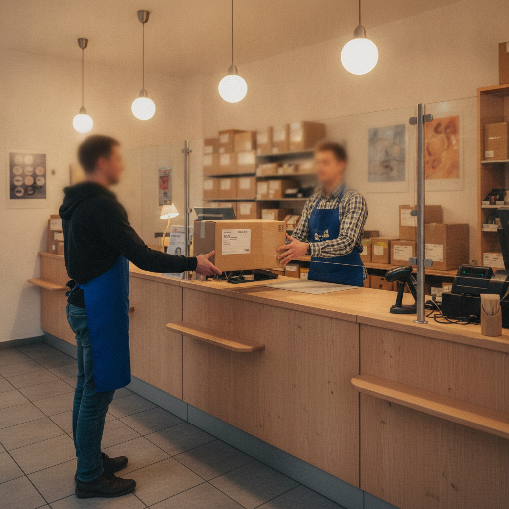 Frau gibt ein Paket im Paketshop in der Nähe an der Ausgabetheke ab