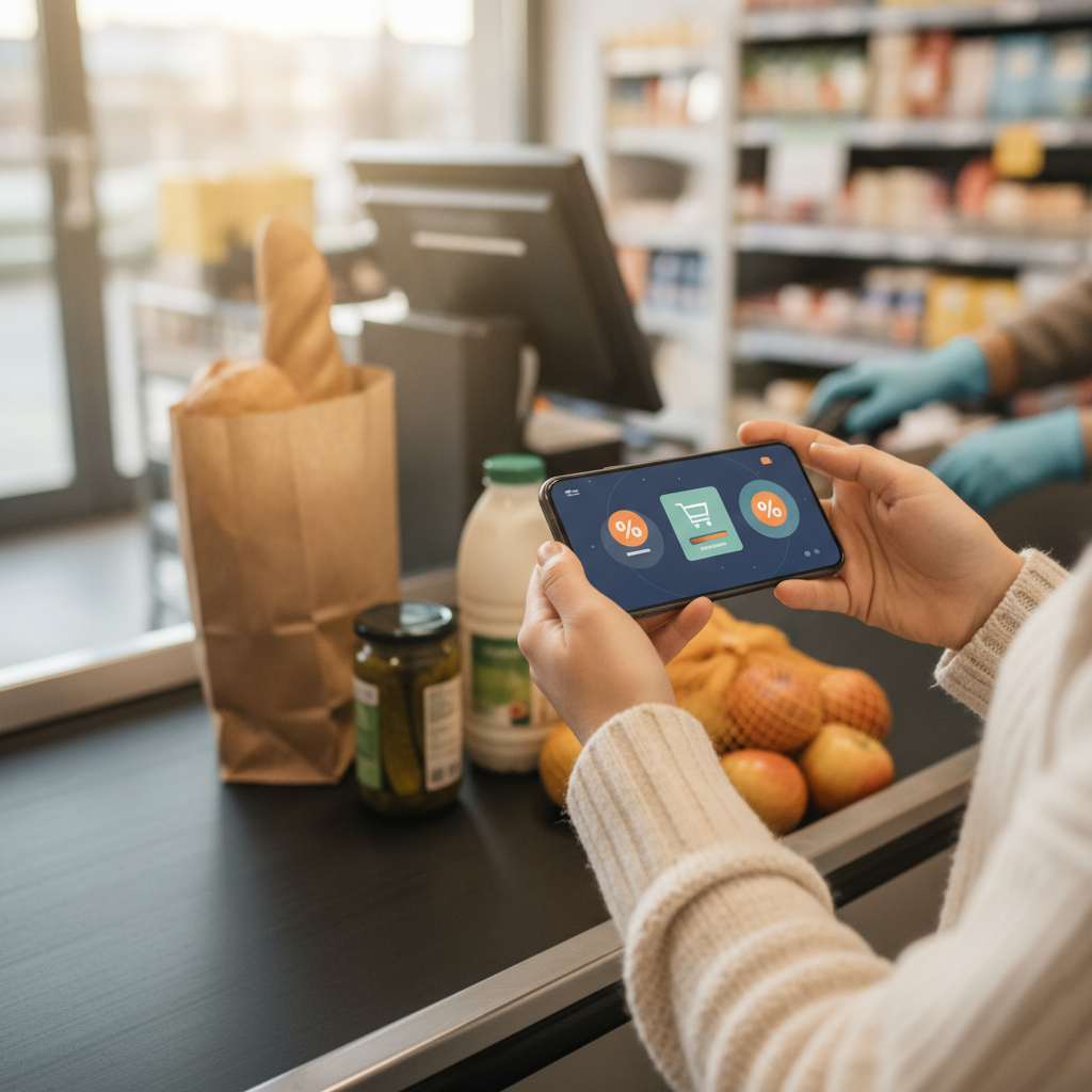 Rabatt-App-Klage: Kundin am Supermarkt-Kassenband mit Smartphone
