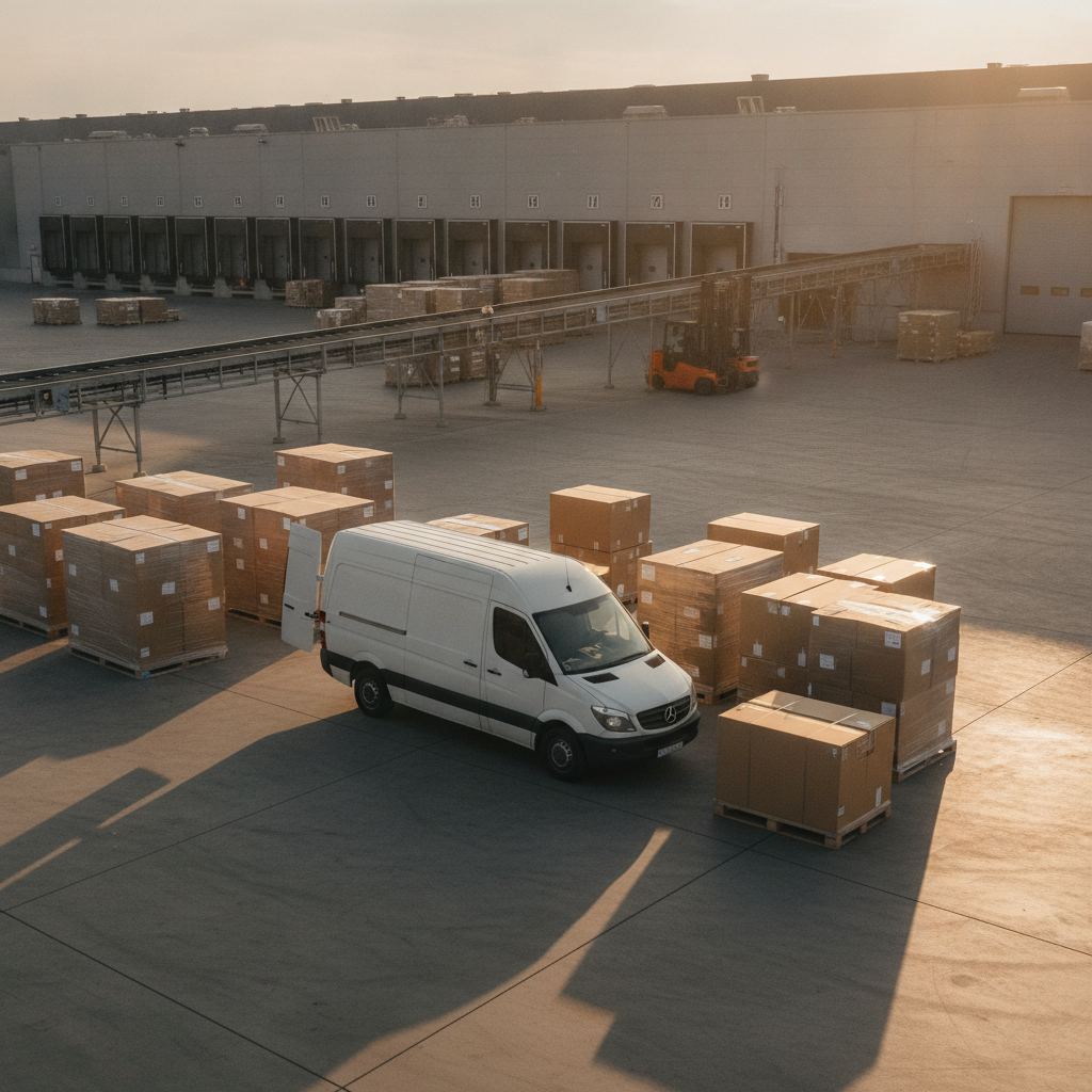 Wem gehört DHL: Logistikzentrum und Paketfahrzeuge der DHL Group