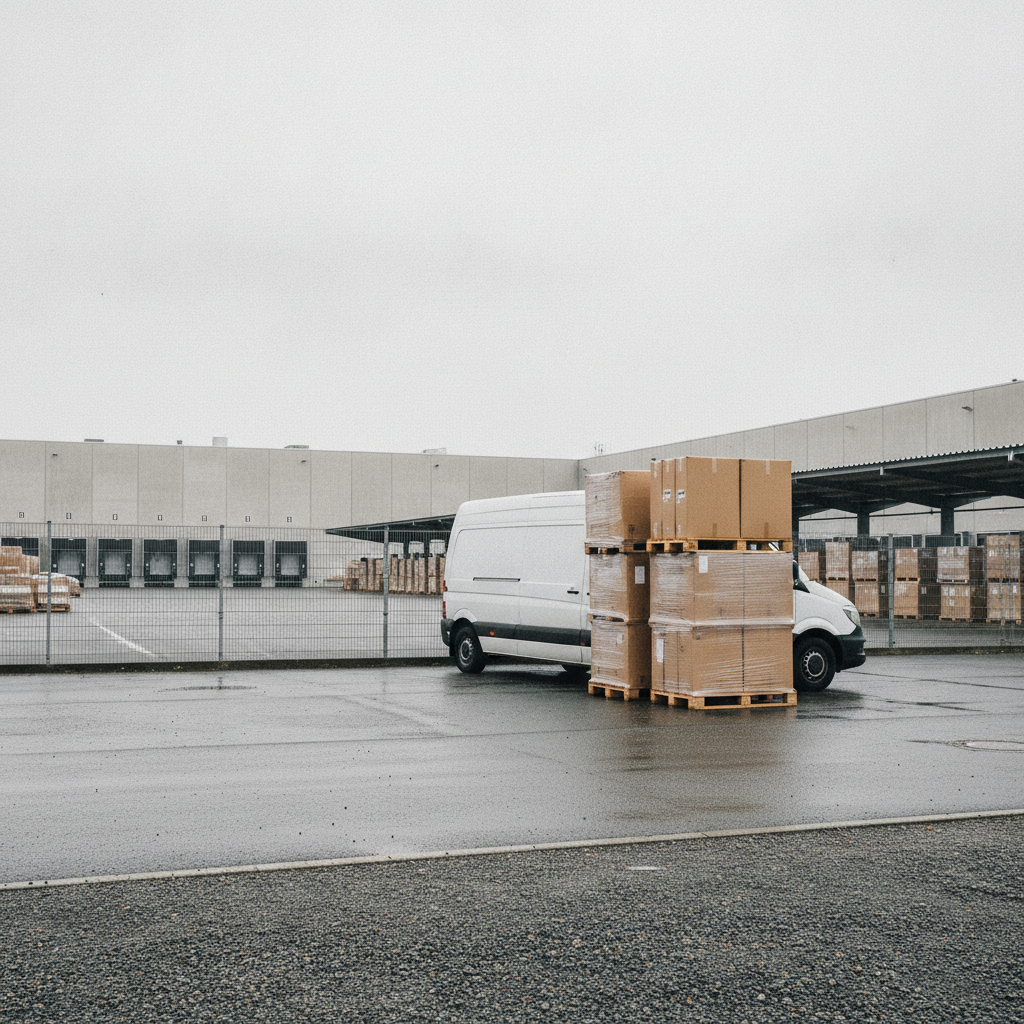 Lieferwagen und Pakete auf einem Logistikhof als Symbolbild zur Frage Wem gehört Hermes