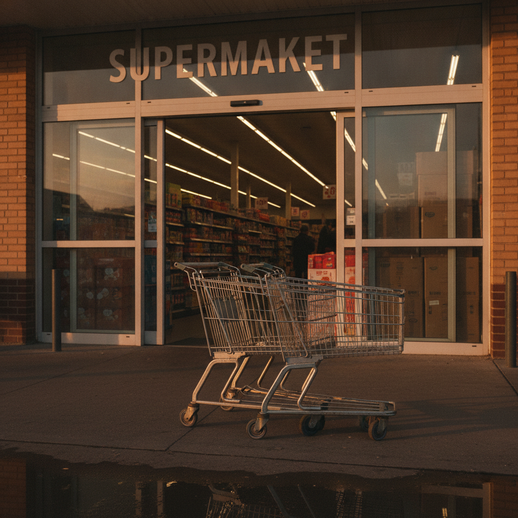 Wem gehört Netto: zwei Einkaufswagen vor dem Eingang eines Discounters