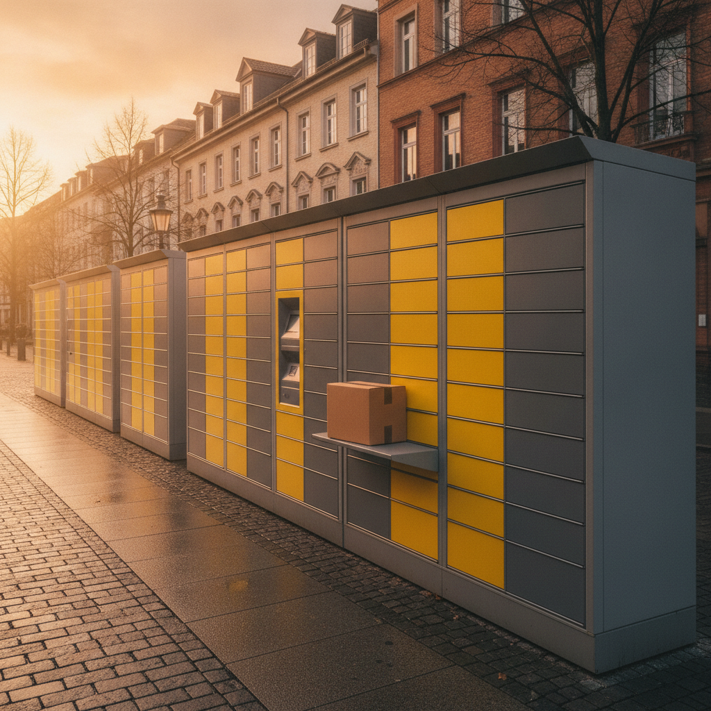 DeinFach und myflexbox: Reihe moderner Paketautomaten an einer Stadtstraße