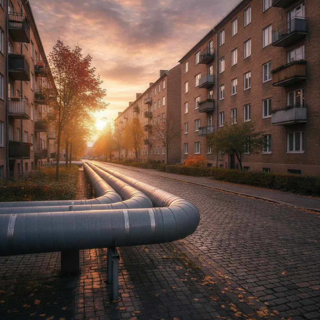 E.ON Fernwärme Urteil: Fernwärmeleitungen vor Wohnhäusern im Herbstlicht