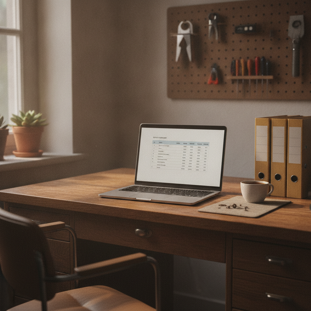 Arbeitsplatz eines Schweizer Kleinbetriebs mit Laptop und Firmenunterlagen