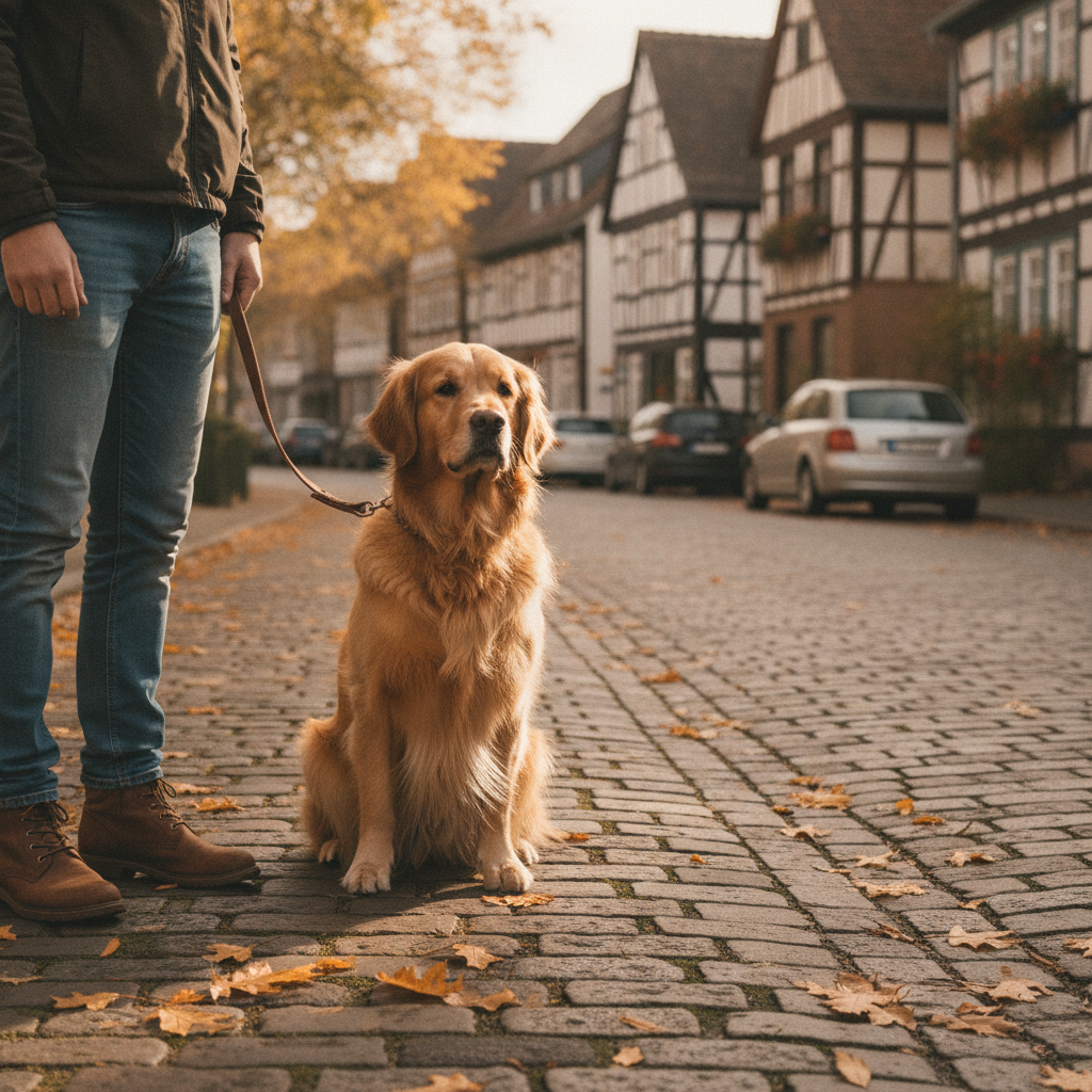 Hund an der Leine auf einem Gehweg – die Hundesteuer zahlst du an deine Gemeinde