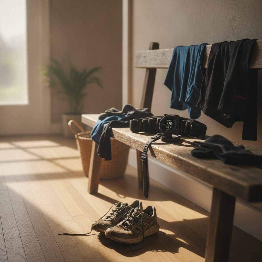 Laufausrüstung nach dem Training zum Trocknen ausgelegt, daneben eine Sportuhr am Ladeplatz