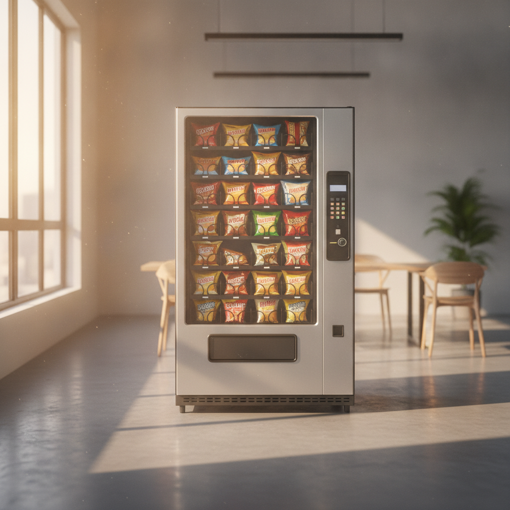 Snackautomat mit gefüllten Fächern in einem Pausenraum eines Betriebs