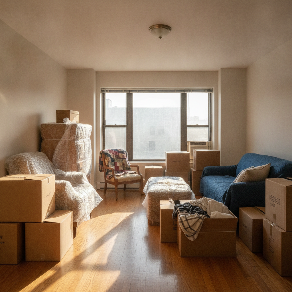 Umzugsunternehmen Haftung: eingepackte Möbel und Umzugskartons in einer leeren Wohnung